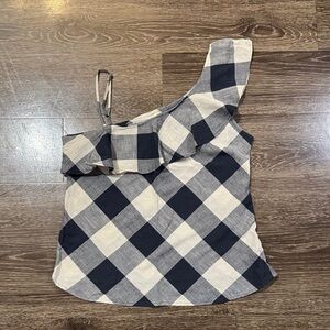girl krazy One-Shoulder Ruffle Blue Plaid Sleeveless Top